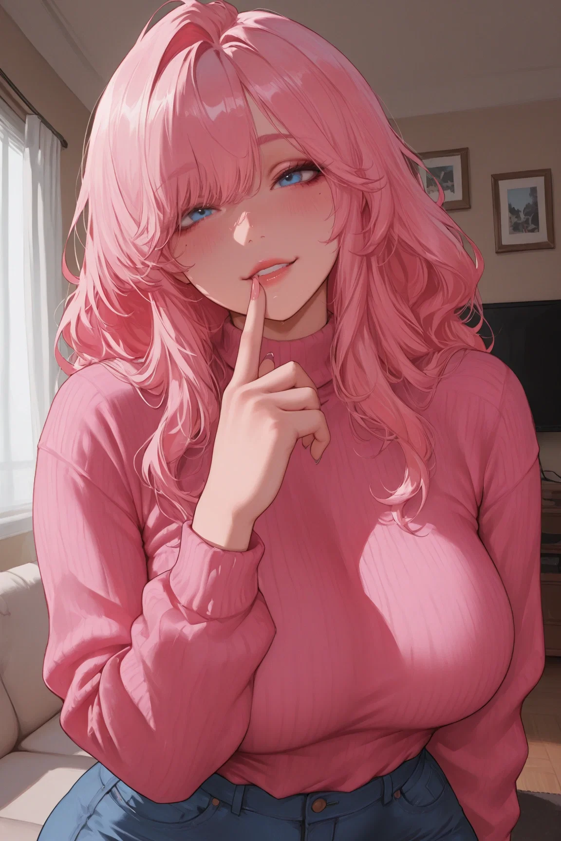 Flirty, finger to lip
