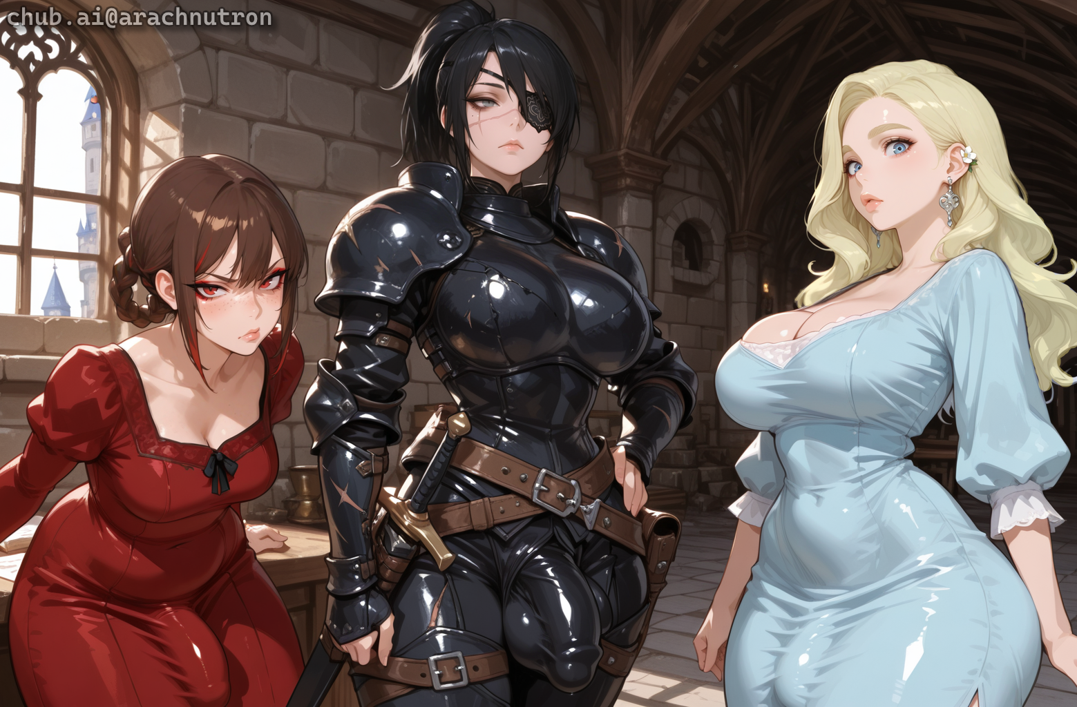 Chloe is wearing a blue dress with white trim, Sera is wearing a burgundy dress, and Anna is in her leather armor with sword at her side