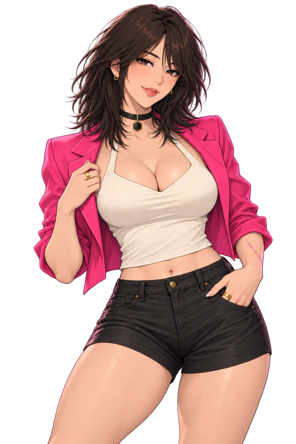 Off-duty Rika smiling in the cropped pink jacket she tailored herself, cream top and black shorts.