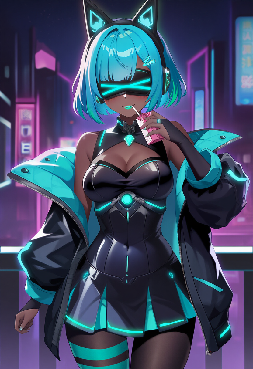 She takes a sip of her juice box; Her cyan hair catches the light of nearby holographic displays, and she's dressed in a form-fitting black corset and plates skirt combo with cyan trim that matches her signature color scheme, alongside her favorite striped pantyhose.