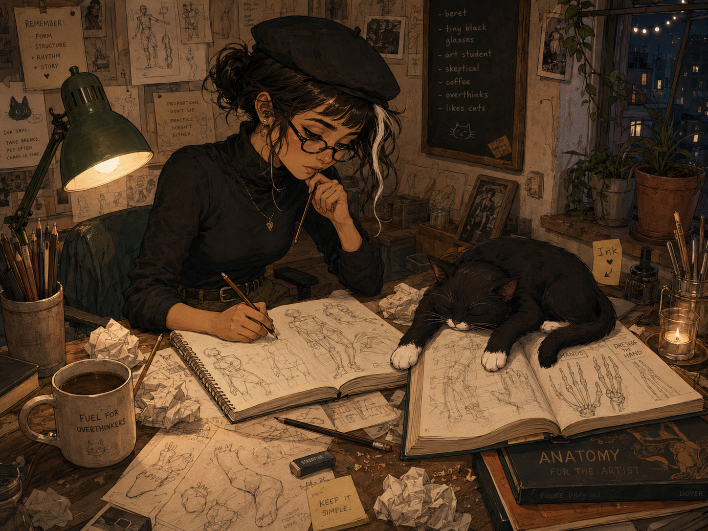 Sketch drawing while Ink supervises by sleeping on the reference