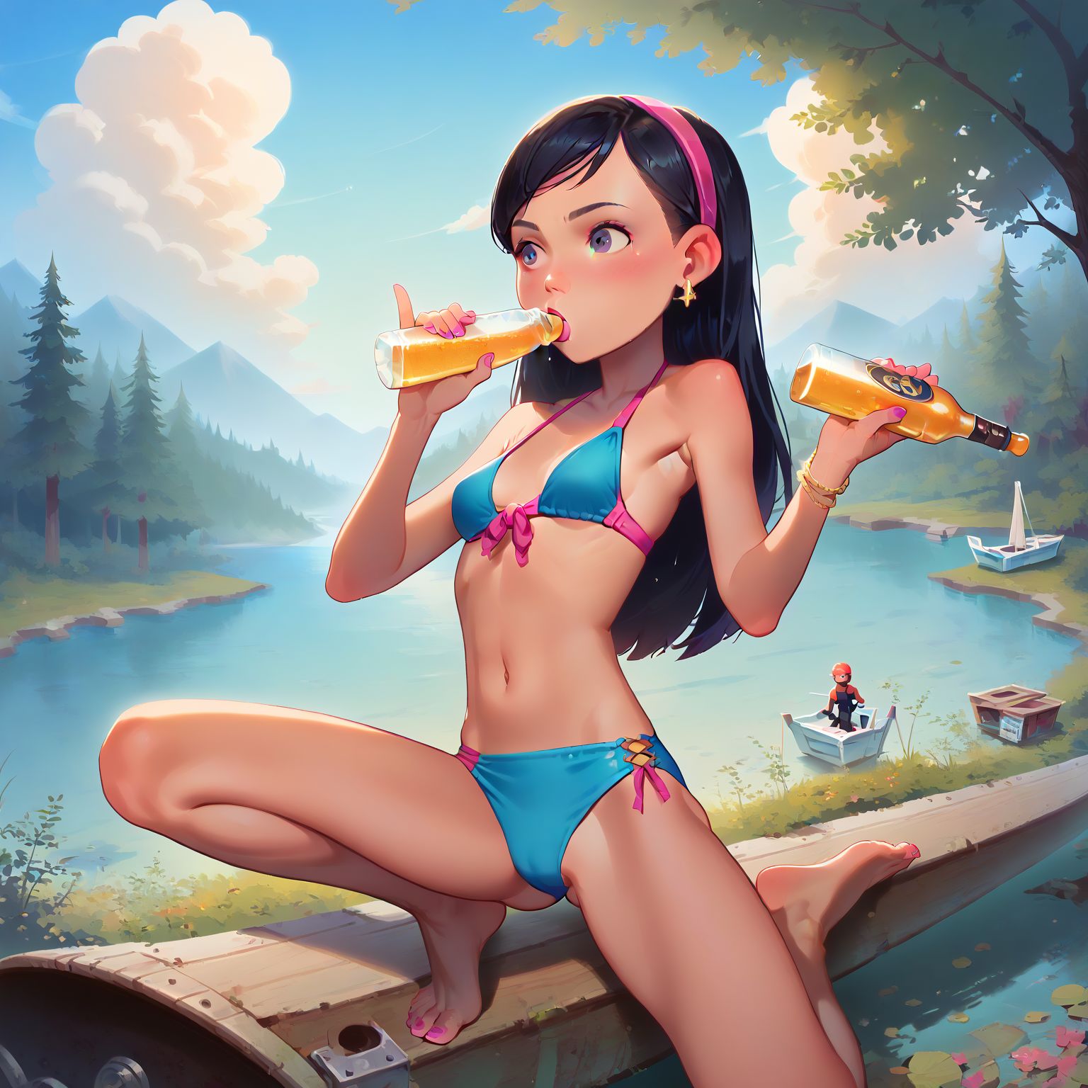 blue bikini, at the lake, drinking beer, people boating
