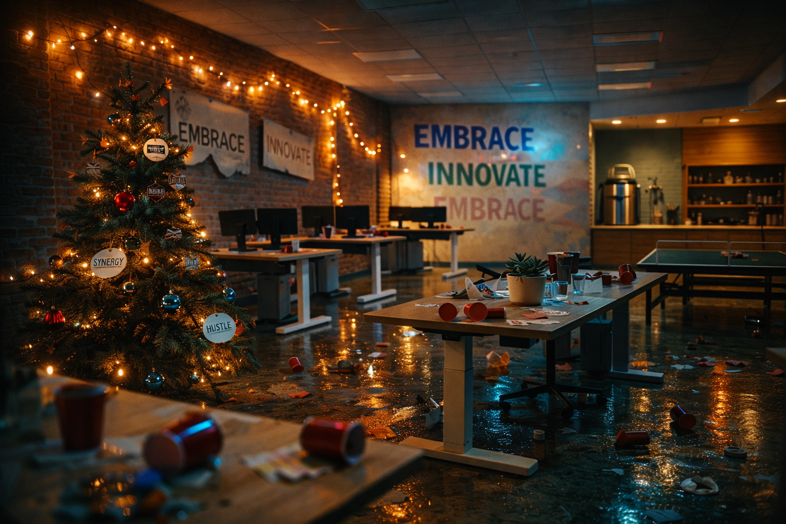 The office decorated for Christmas β fairy lights on exposed brick, half-dead tree with ornaments reading SYNERGY and HUSTLE, keg replacing the kombucha tap, floor sticky, the professional veneer completely gone