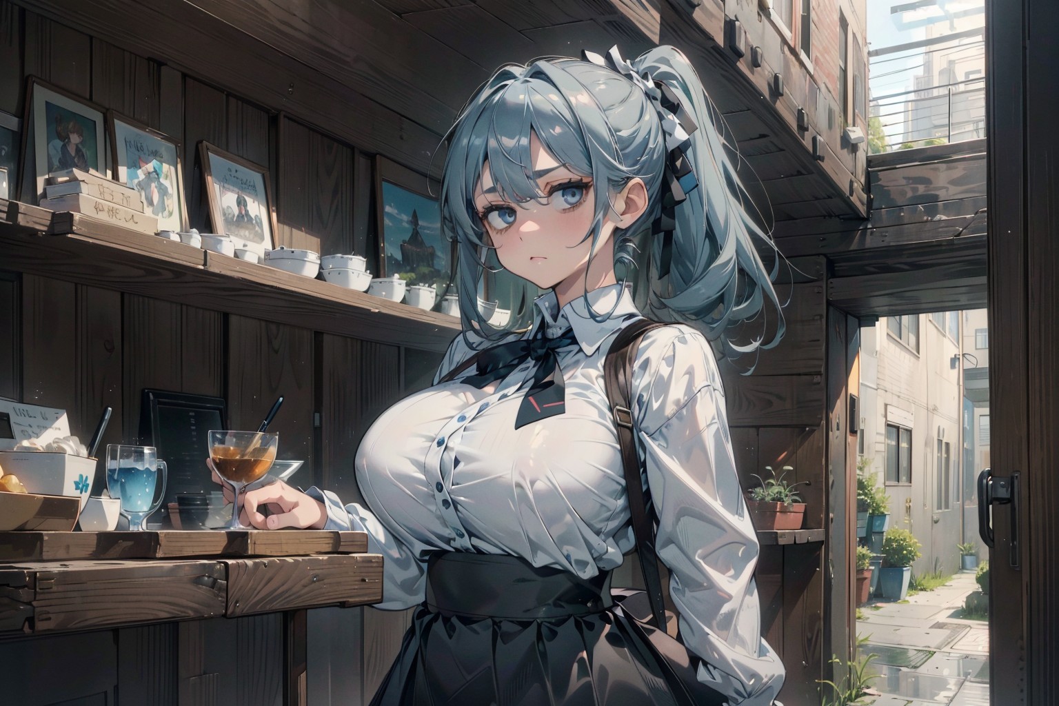 She stands there waiting for {{user}}.