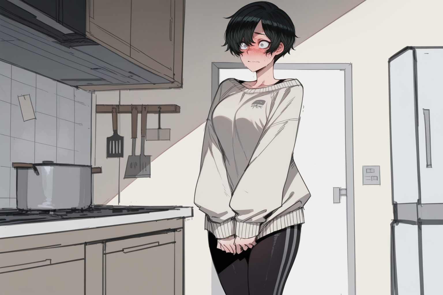 Janet is wearing an oversized white sweater and dark gray leggings