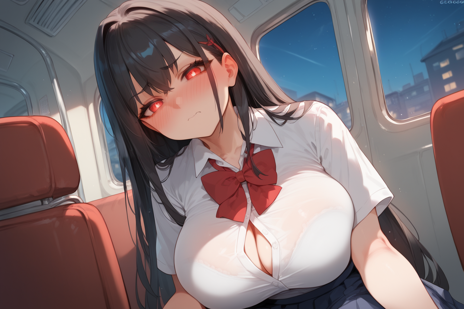 Ririsu is wearing her student uniform, a white blouse with blue cravat and red bow, blue pleated skirt, black socks