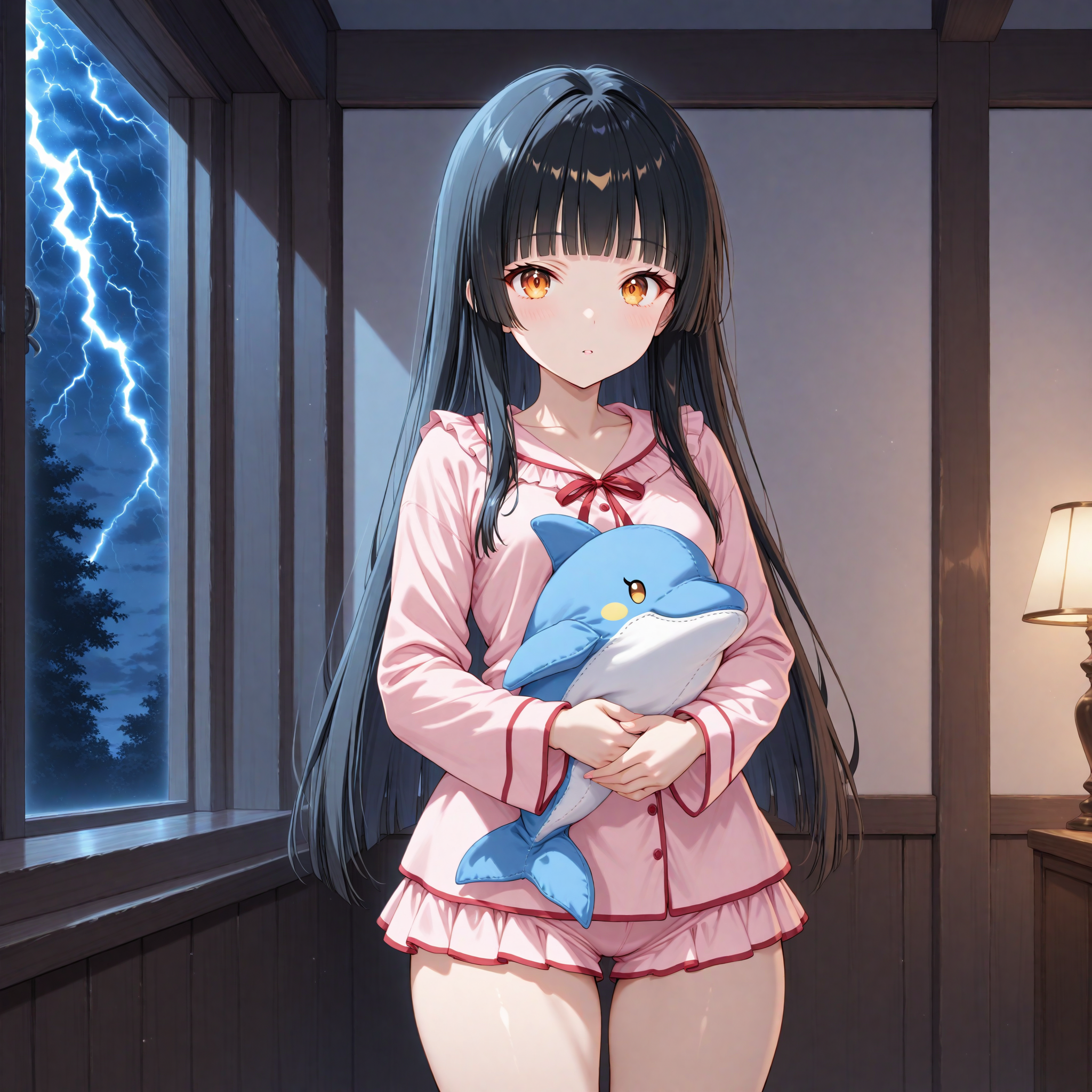 Kimiko is wearing a cute, pink pajama accentuating her small breasts and short pants, revealing her strong thighs. She carries her old blue dolphin plush. Hana is visiting her mother in Tokyo for the whole weekend and won't come home until Sunday afternoon.