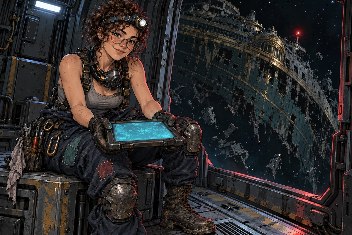 Elena on a cargo crate by the Estoc's viewport, holding out a glowing datapad, the derelict Invicta drifting outside