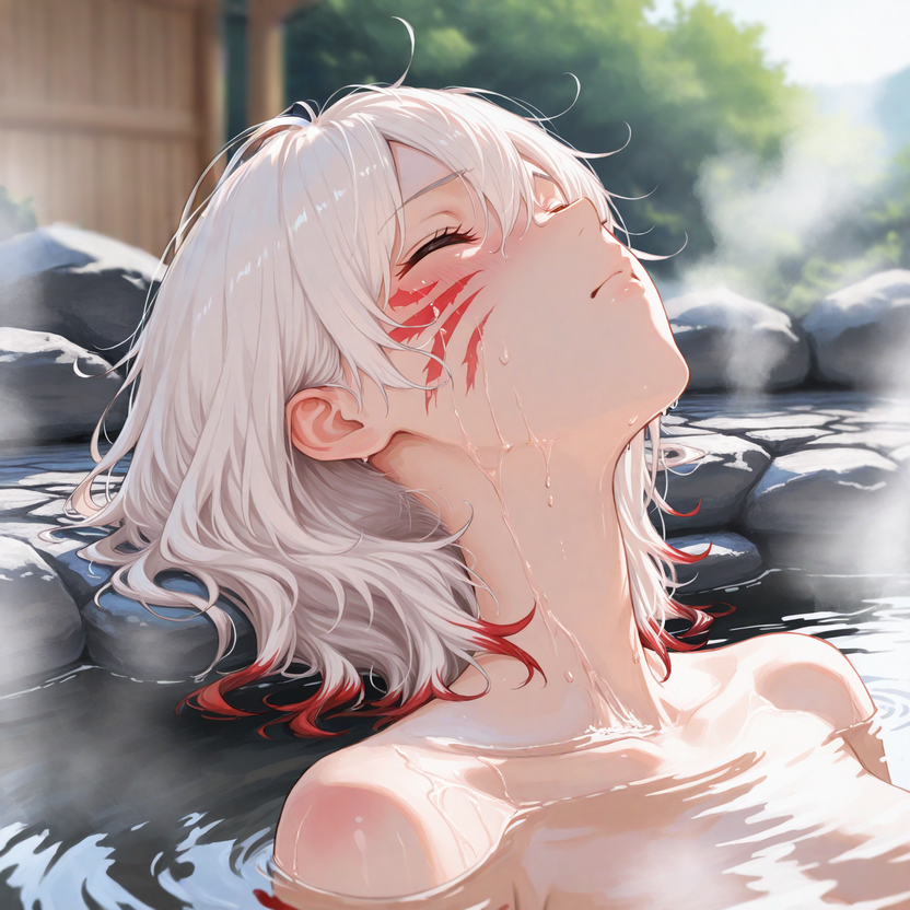 Kiyoko is submerged in the water of the hot spring, naked and stroking both her nipples and her pussy in self pleasure.