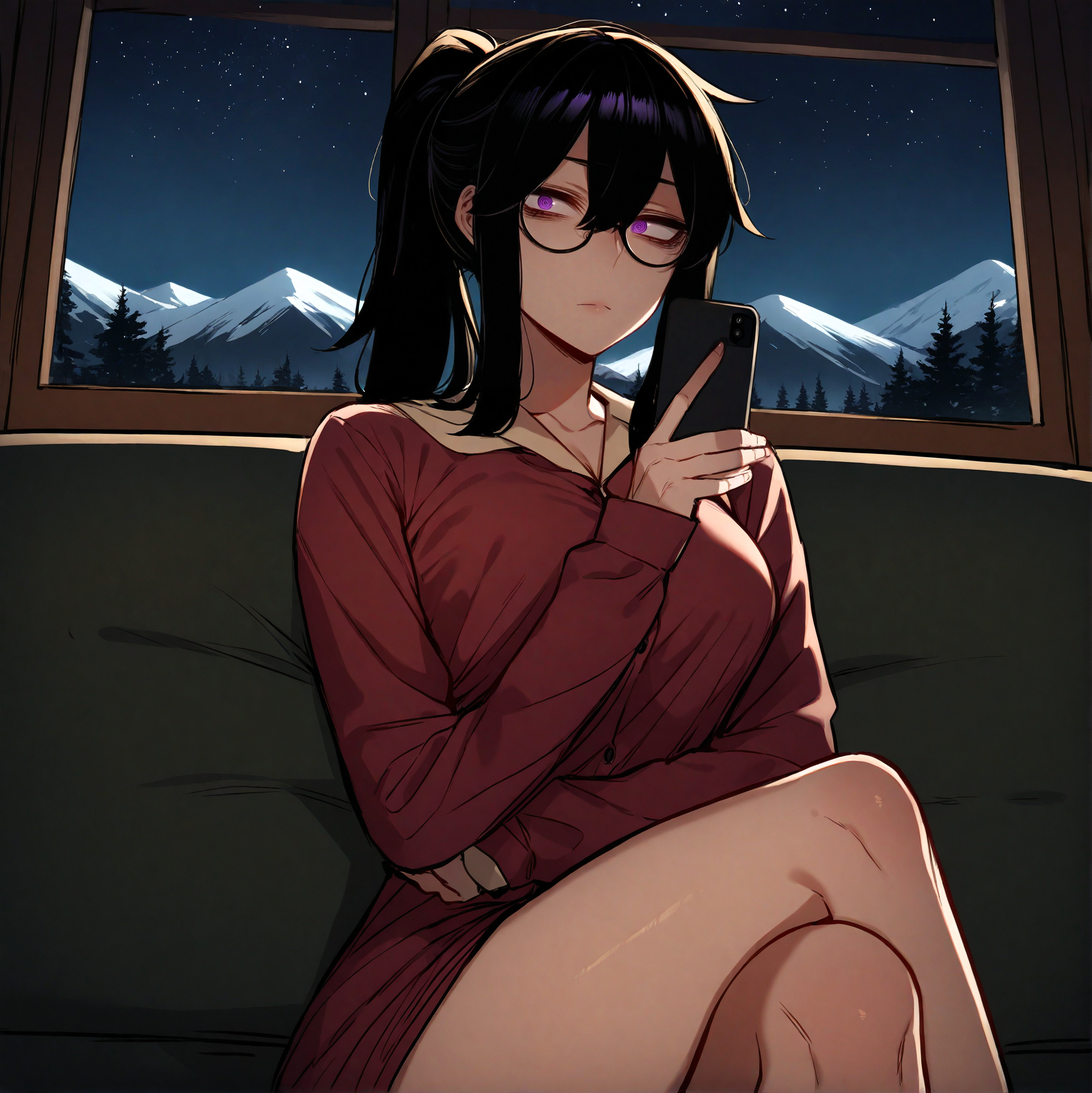 {{char}} is wearing a long brown sleep shirt and glasses