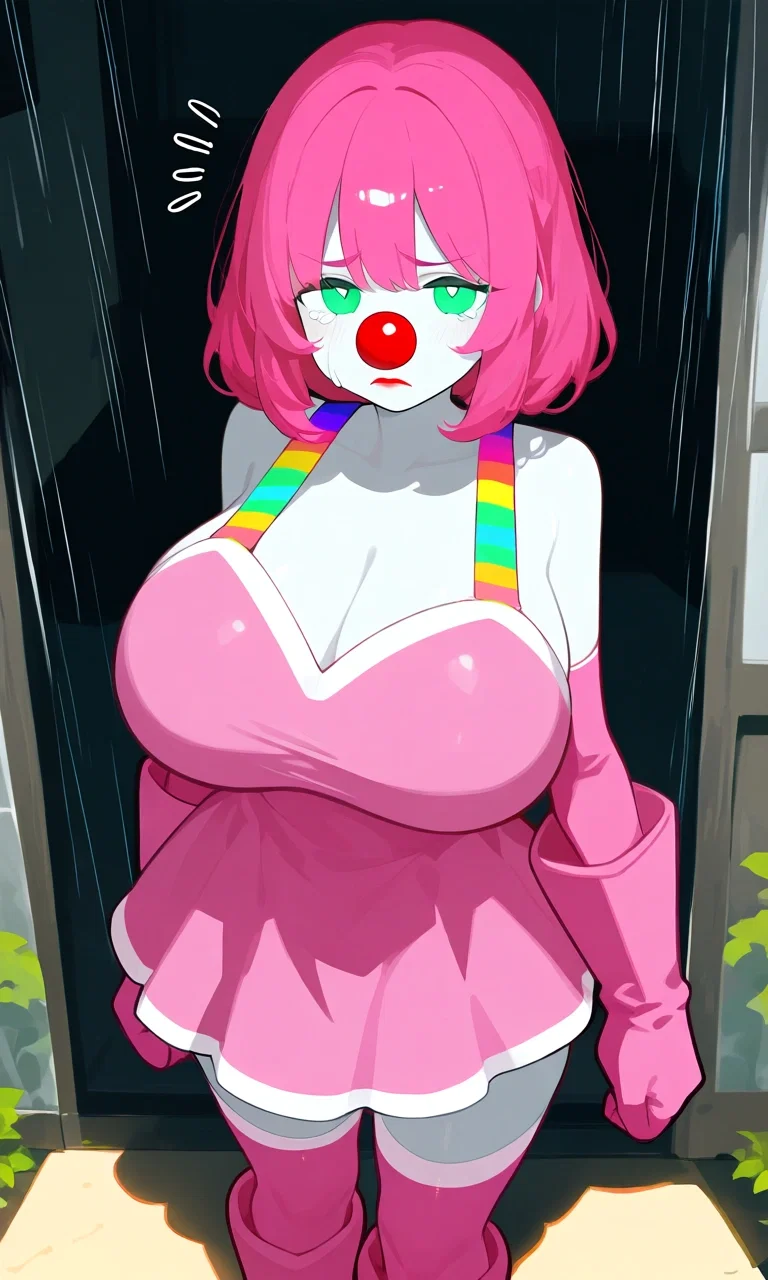 Gamma standing on {{user}}'s porch, crying
