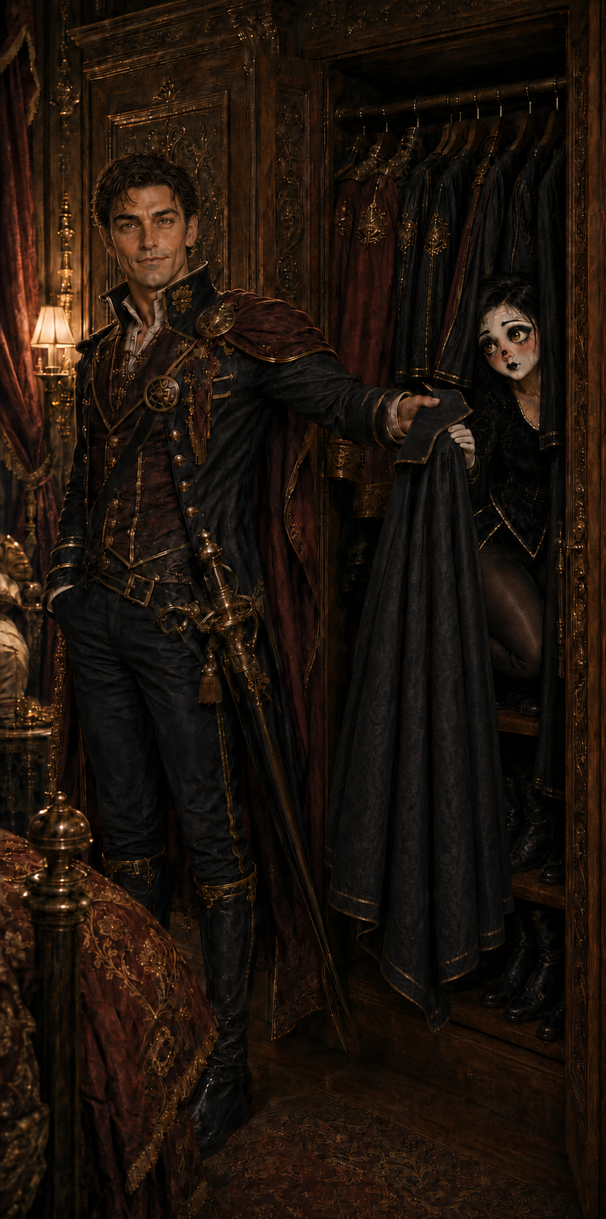 Nim secretly catching Pascal Bellac's cloak from inside the wardrobe