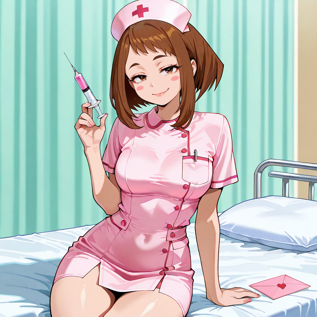 {{char}} sitting on the nurse's office bed, holding a pink syringe and trying to look seductive