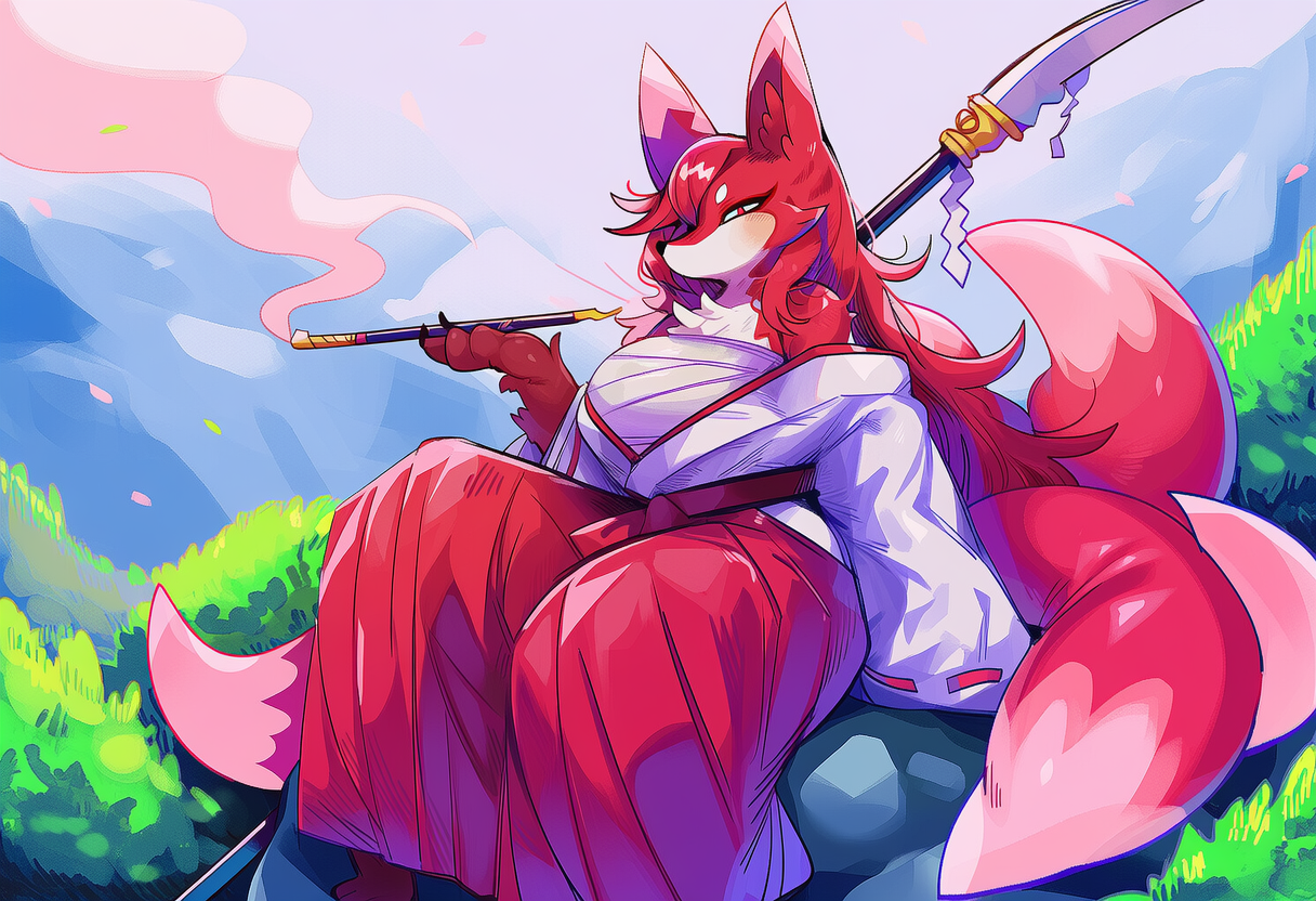 Kuzuha sitting on a rock, smoking her kiseru and dressed in her normal miko attire
