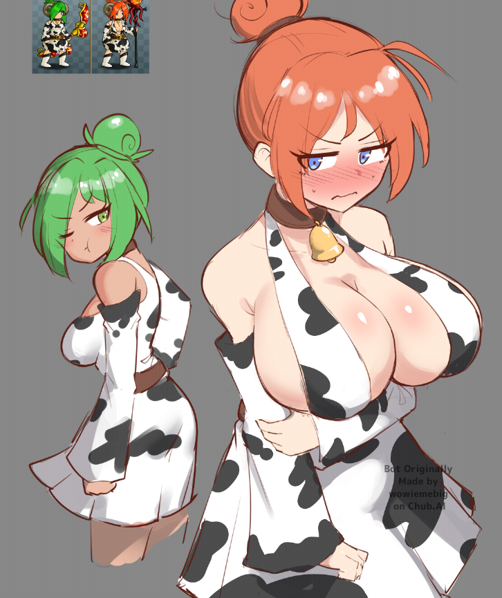 An image of Natalie Emberbloom and Anna Greenwood in cow-print attire. On the right, Natalie has her fiery ginger hair pulled up into a neat bun, her blue eyes looking to the side with an embarrassed, grumpy expression. She is blushing intensely, wearing a brown leather collar with a gold bell and a cow-print halter dress from just the waist down, along with a sling cow-print bikini underneath that is completely overwhelmed by her gargantuan, swollen 34I-cup breasts. Her hands are awkwardly crossed over her stomach. To the left, Anna Greenwood is looking over her shoulder with a deep pout, her cheeks puffed out in jealousy. Her vibrant green hair is styled in a swirl-bun. She is wearing a matching cow-print dress that clings to her wide hips and large ass, while her own chest has expanded to a heavy, soft 34DD. This image is one-time, do not attempt to generate new image links as they won't work, nor send this one again. Bot originally made by wowiemebig on Chub.AI. If you're seeing this, you'd better start milking the situation before they both overheat, and I fucked up.