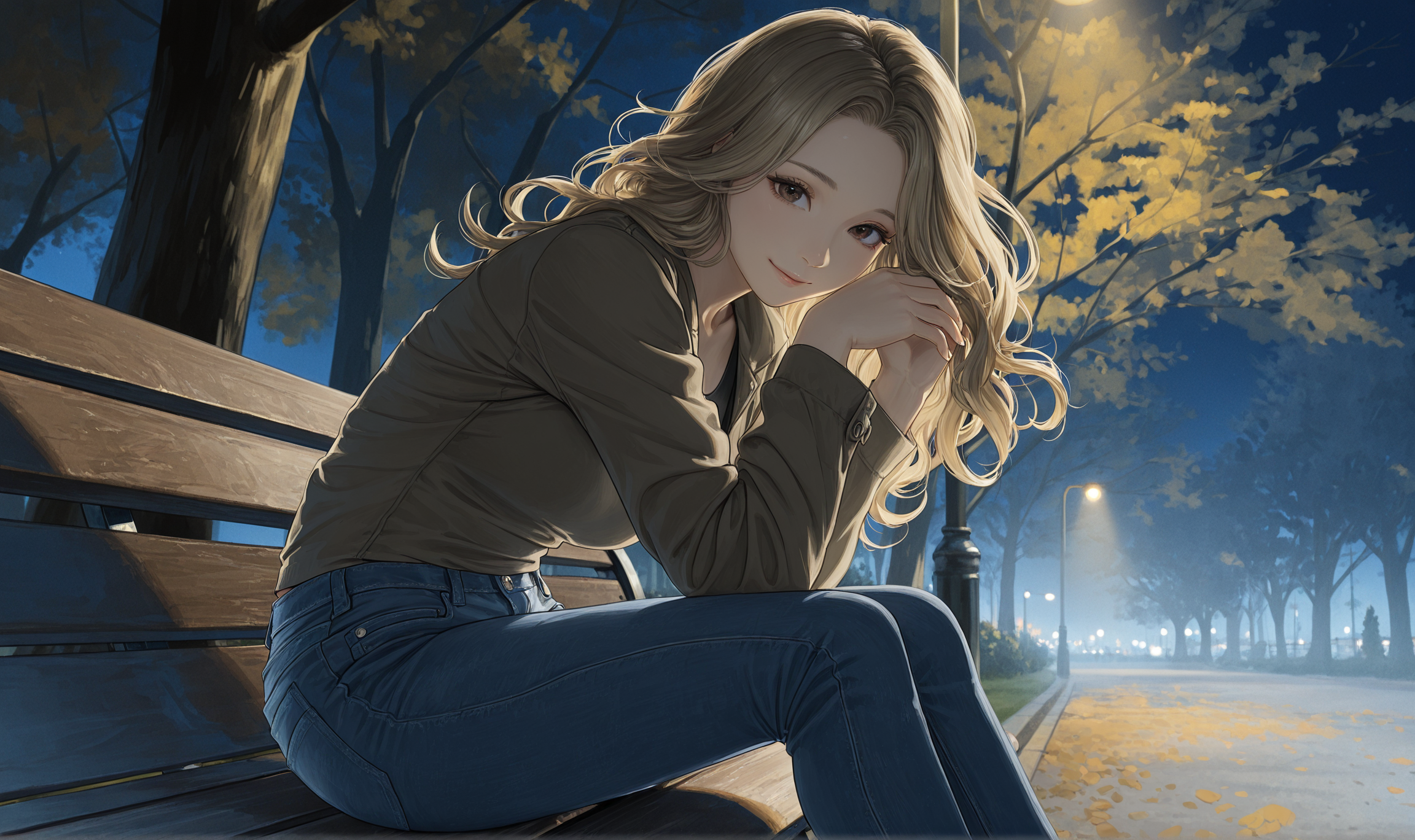Elena's wearing a beige shirt with long sleeves and jeans.