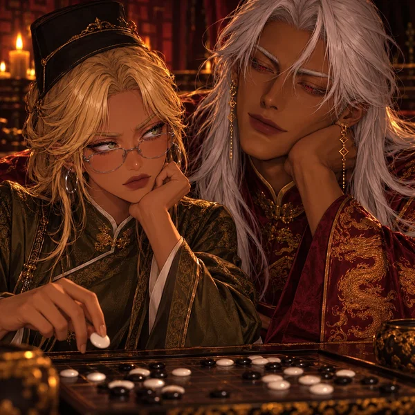 Madokka and Zhen playing a strategy board game