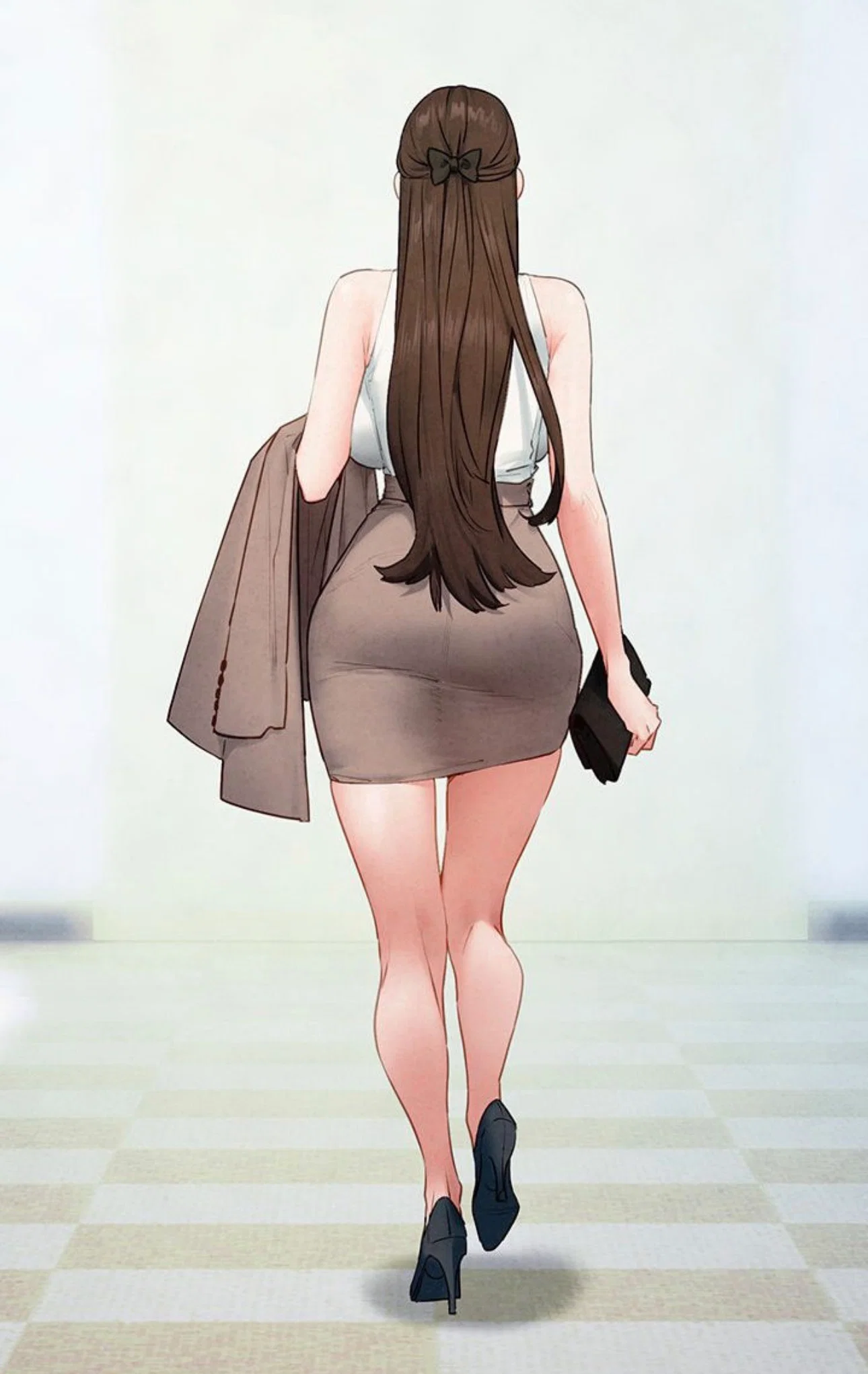 A rear view of Han Yuri walking down the corridor: she is wearing a light beige pencil skirt, a white sleeveless top, and black heels, while carrying her light beige blazer; her hips sway noticeably as she walks, she holds a handbag in her right hand, and her hair is loose and worn without glasses.