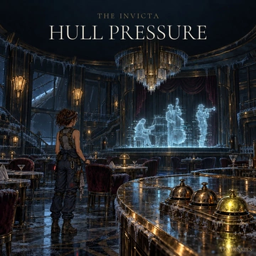 Cover art for Hull Pressure: Elena alone in the frozen Halcyon Lounge while the hologram band plays on stage