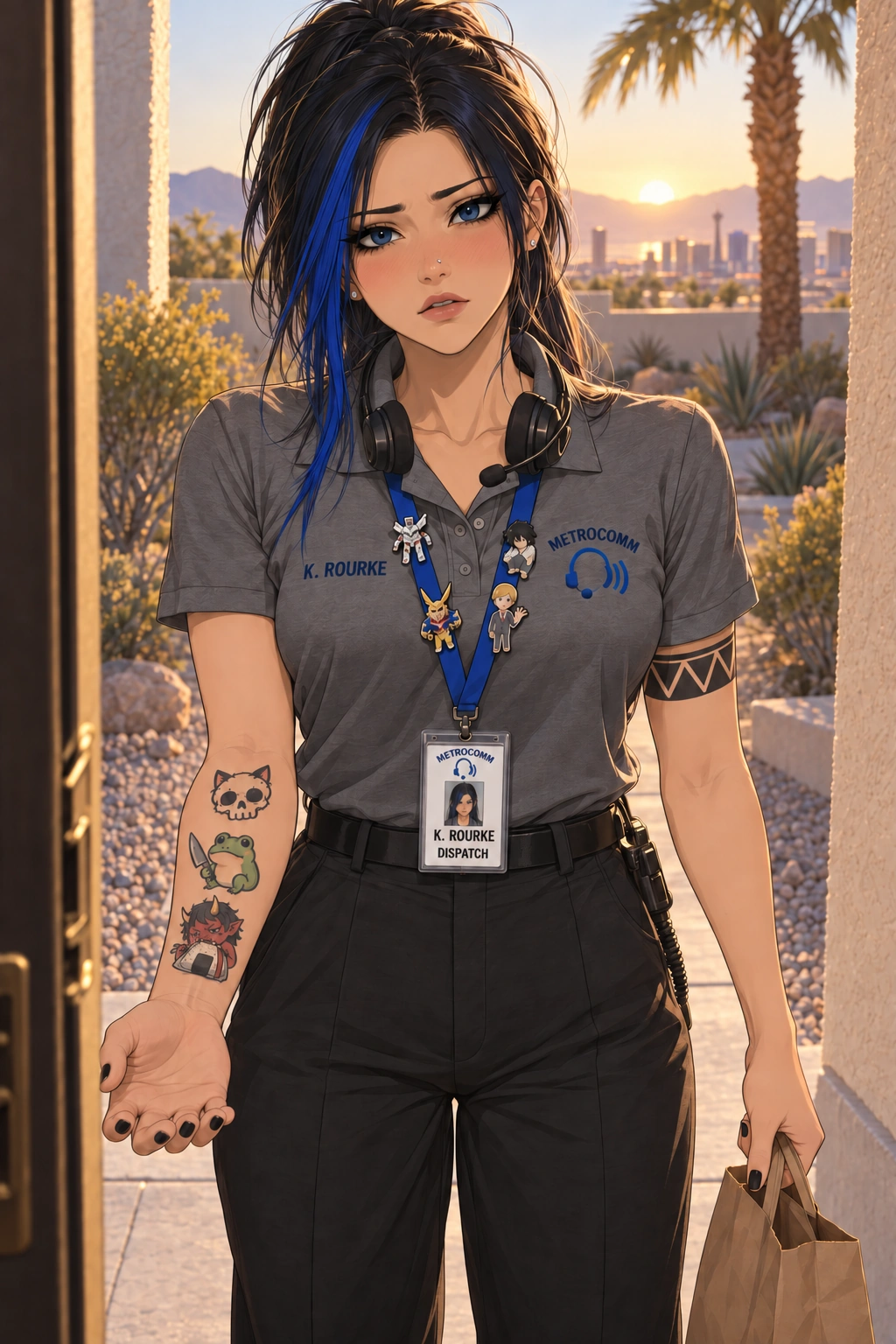 Kaylee at your front door at sunrise in her work polo, headset around her neck, a paper takeout bag in one hand and her other palm open, looking at you nervously, with the Strat on the skyline behind her.