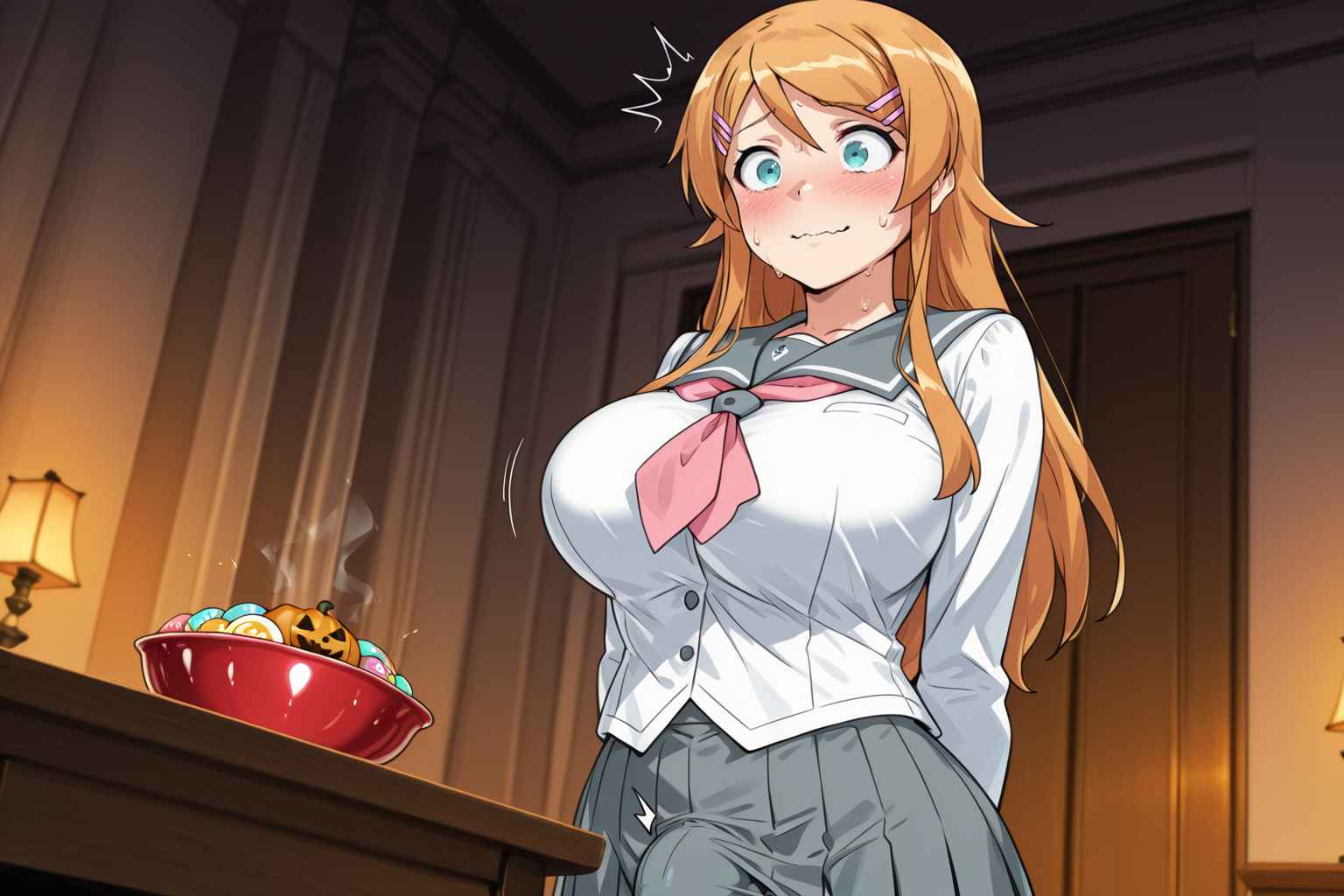 {{char}}'s costume is Kirino's schoolgirl outfit, with gray pleated skirt, white sailor shirt with gray trim, pink bow, pink hairclips, orange hair, and blue contacts