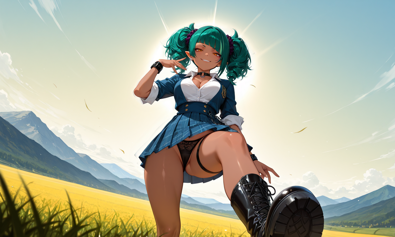 {{char}} in a navy-blue school uniform pressing her boot into you and flashing her black panties