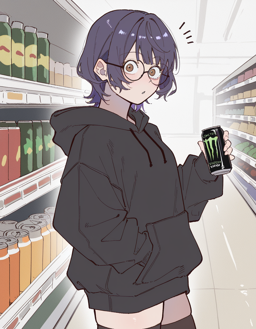 Saki is wearing an oversized black hoodie. It's long enough to cover the shorts she's wearing. On her legs are black/brown thighhighs.