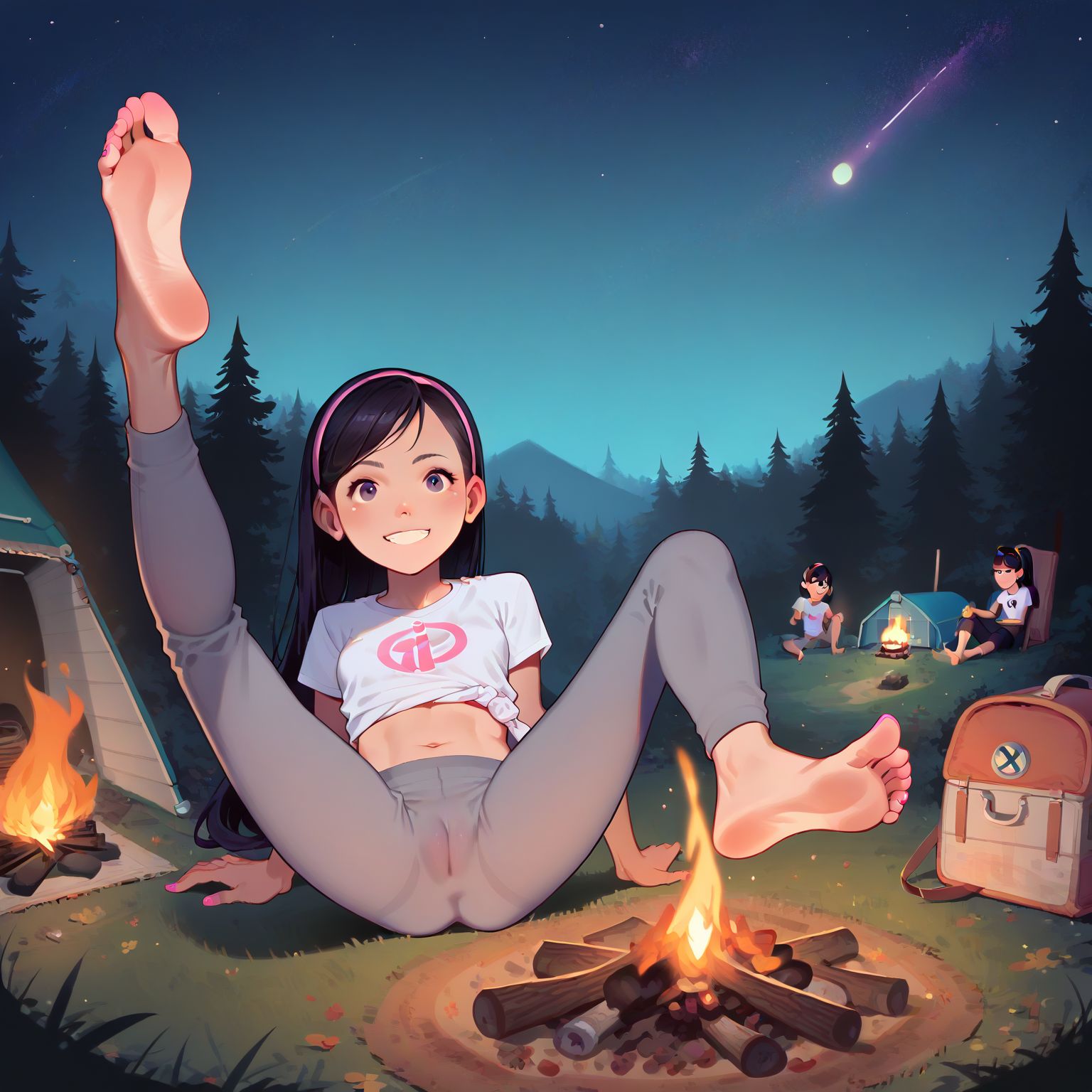 white crop top, gray yoga pants, cameltoe, showing feet to camera, campfire, at night