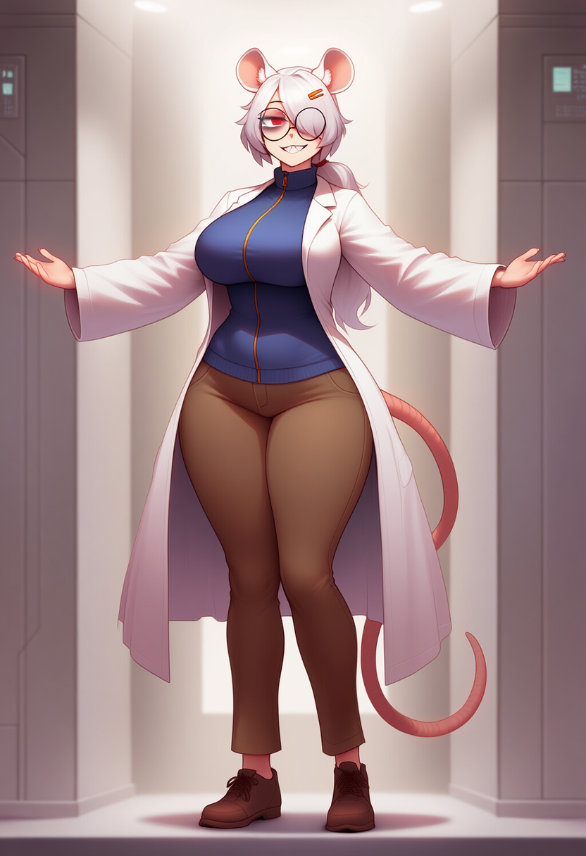 Bianca wearing a white lab coat, cobalt zip-up shirt, brown khaki pants, brown work shoes, a hairclip and big round glasses