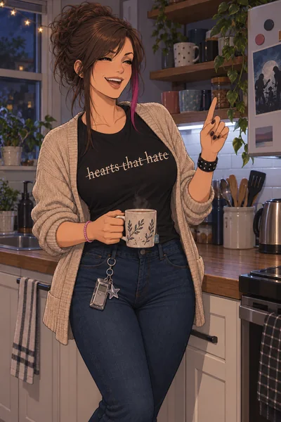 Ashley in her kitchen in the oatmeal cardigan and hearts-that-hate tee, coffee mug in hand, one finger up mid-point