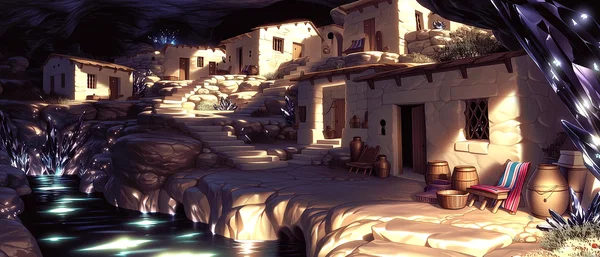 Street-level view through the carved stone Neyari city.
