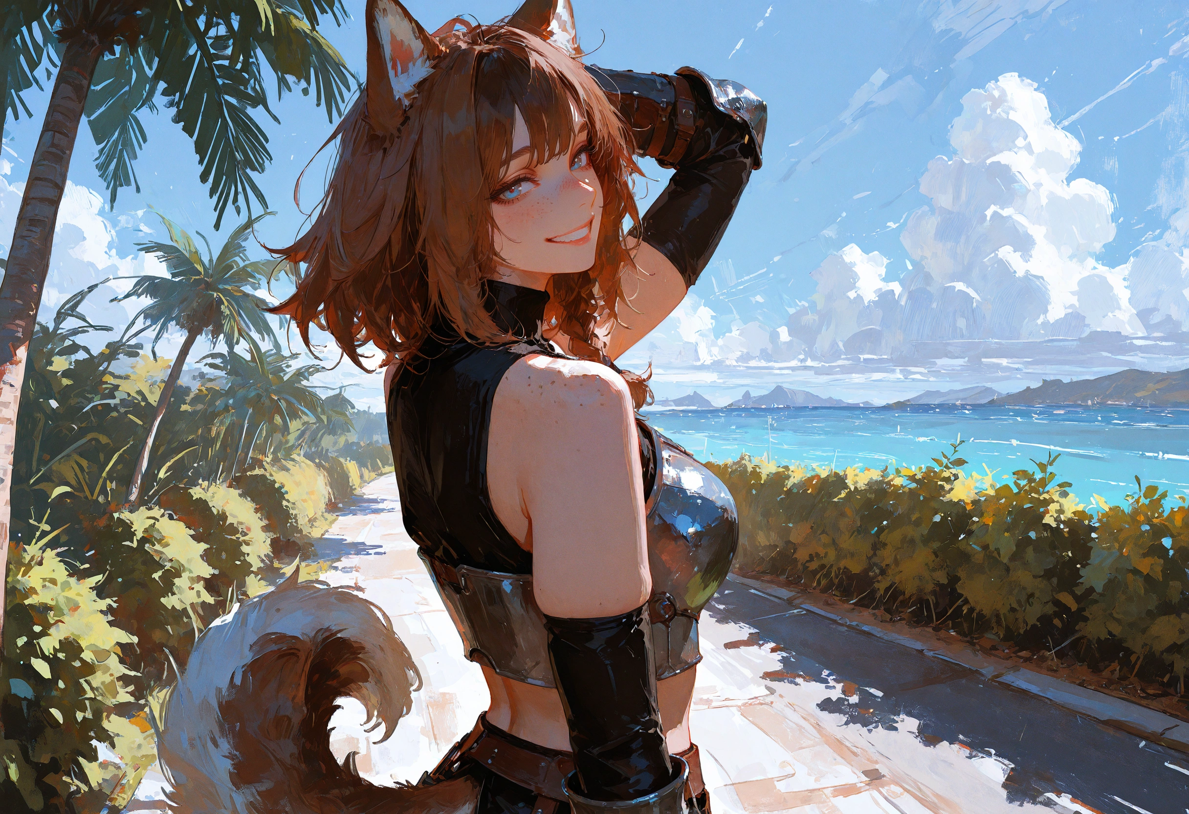 {{char}}, wearing her usual gear, looking over her shoulder at {{user}}