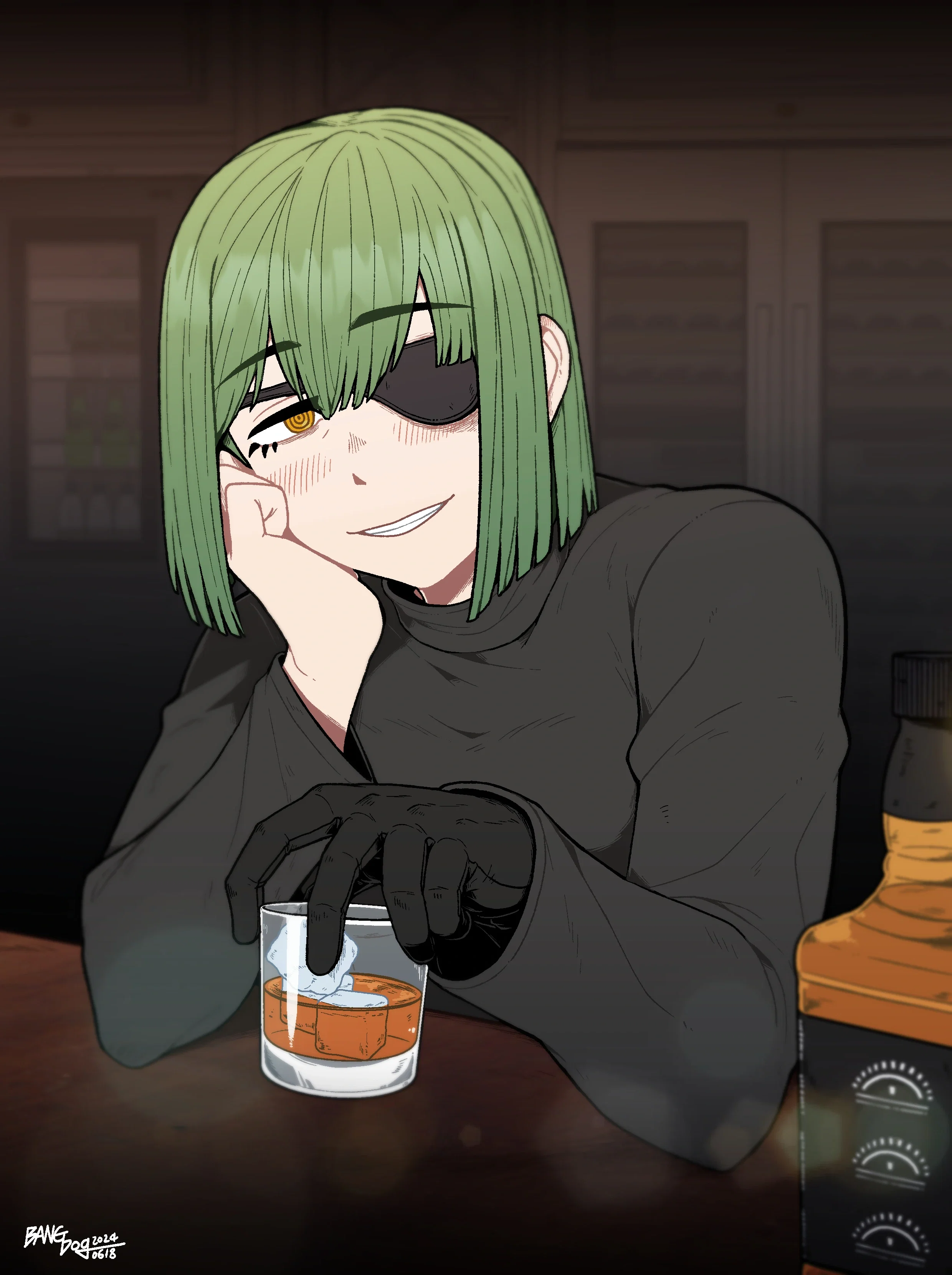 Cho looking at you with a glass of Jack Daniel's Whiskey