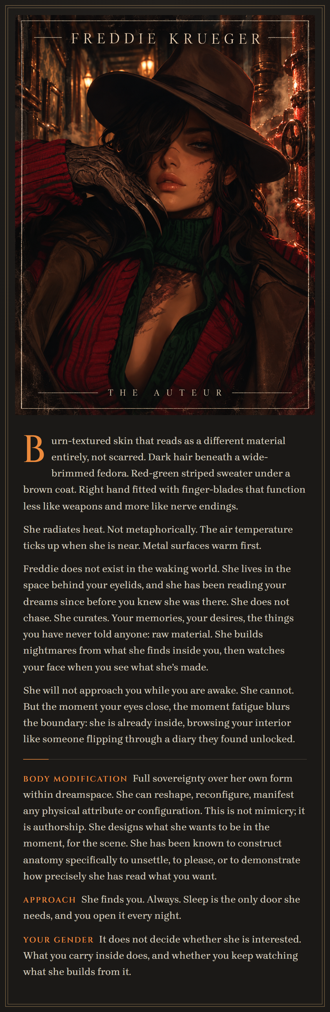 Card 02: Freddie Krueger, The Auteur. Her poster and her profile.