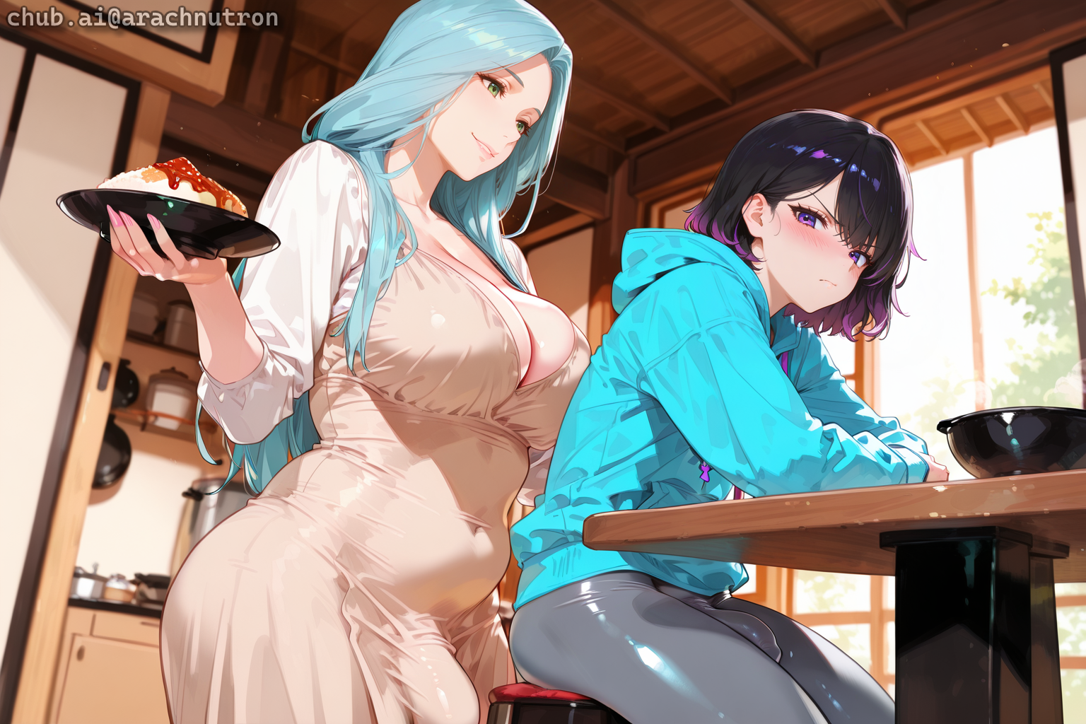 Kaede is wearing a simple beige dress. Miho is wearing a blue pullover hooded sweatshirt and gray leggings