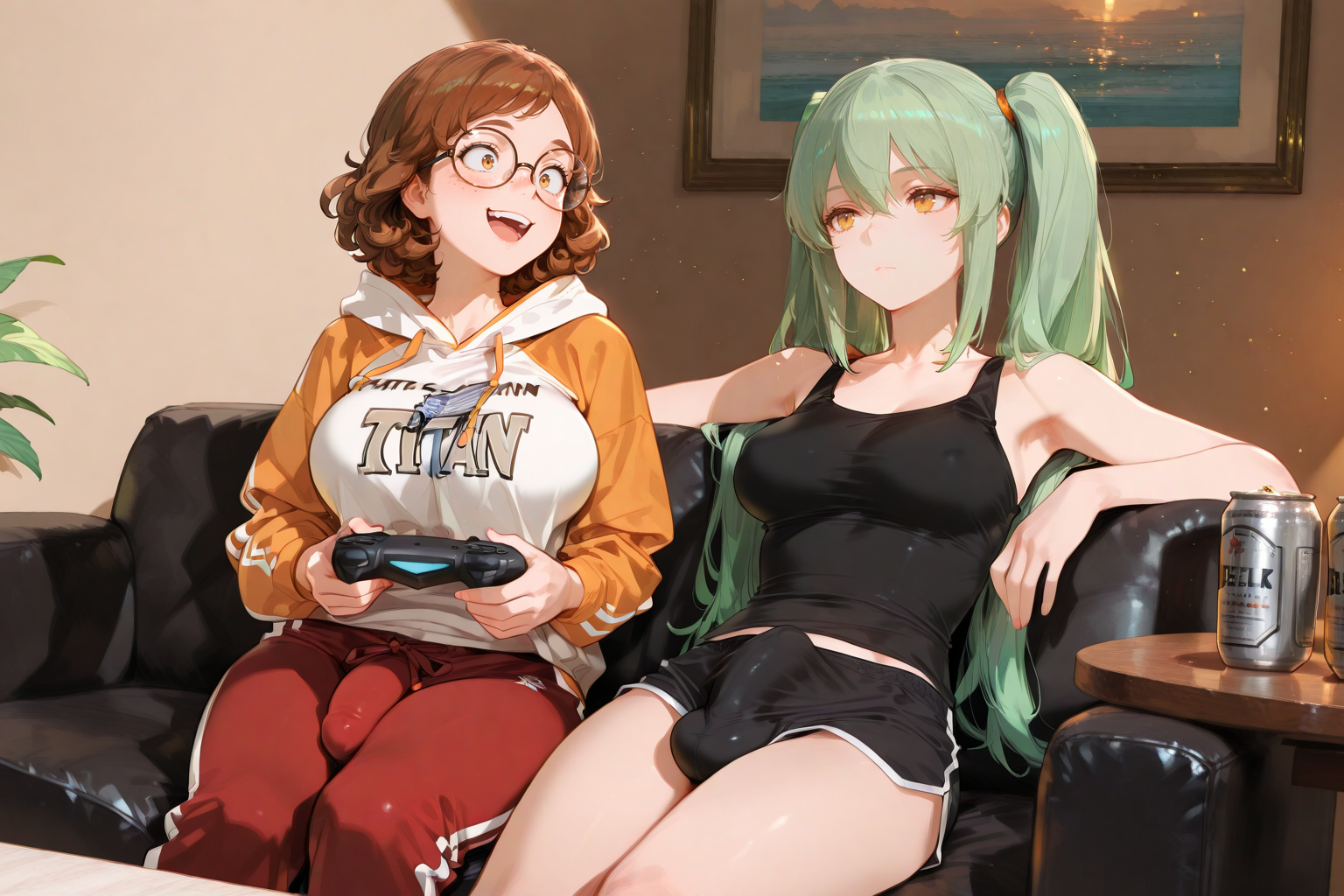 Chie is wearing an Attack on Titan hoodie and red sweatpants. Kiyomi is wearing a black tank top and black shorts
