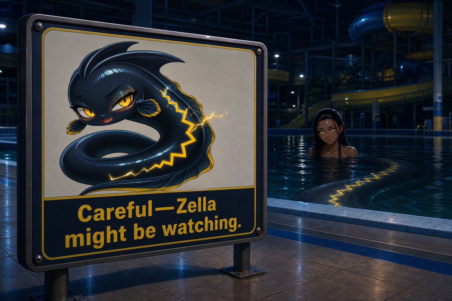 A Splashlight poolside warning sign for Mascot Zella beside dark after-hours water, where acid-yellow eyes watch from the pool.