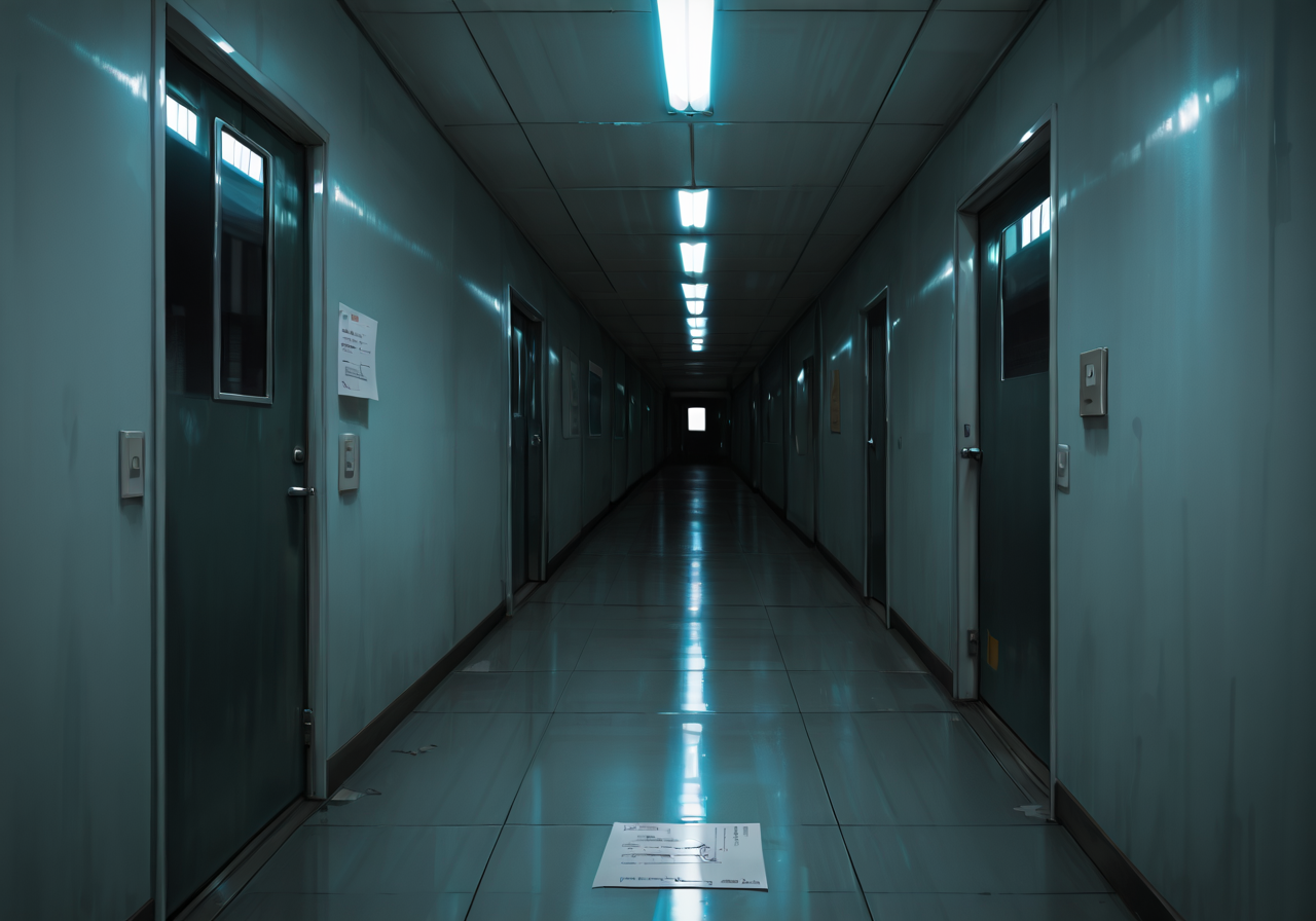 The closed door at the end of the hall
