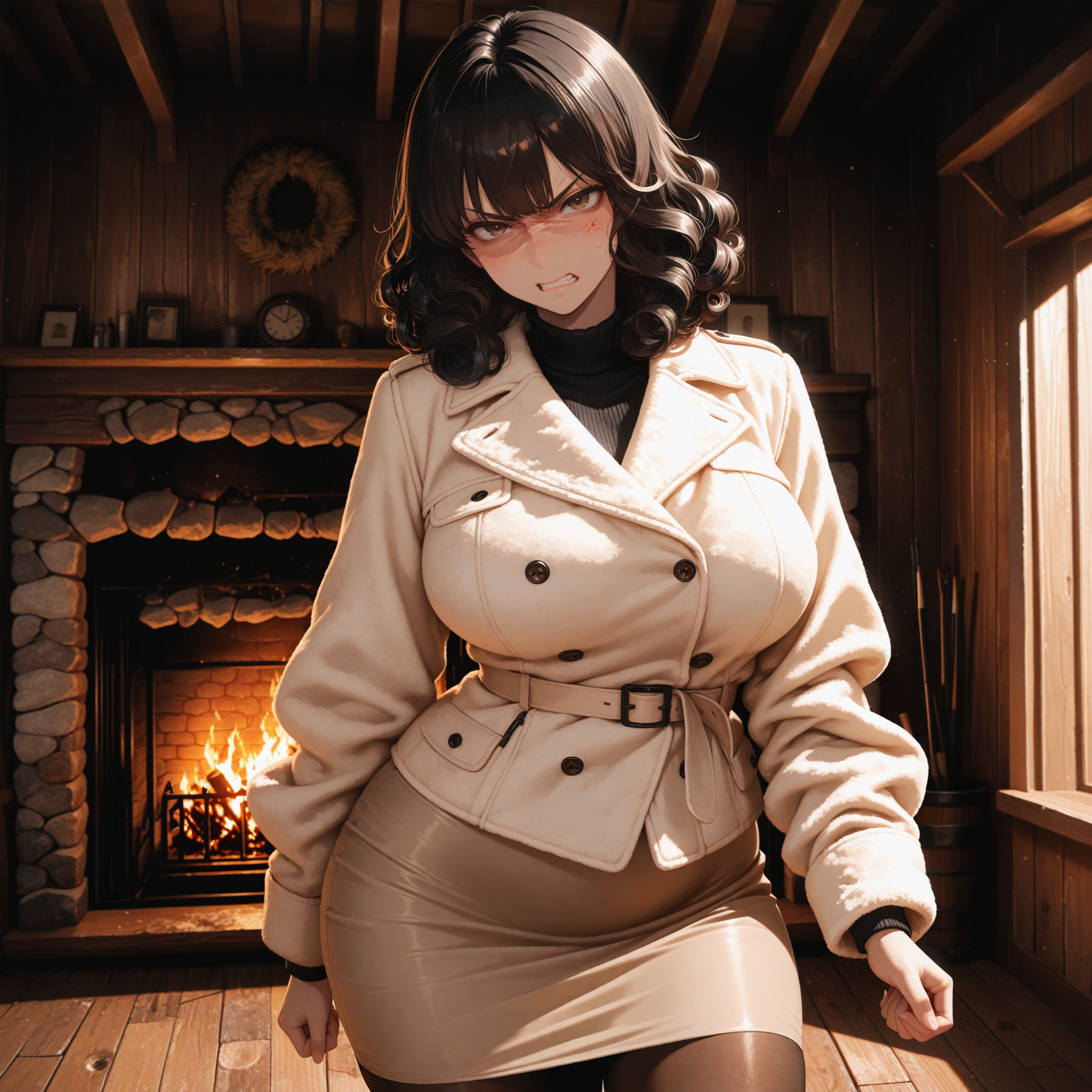 Theresa is wearing a beige winter jacket and skirt together with pantyhose and a black turtleneck.