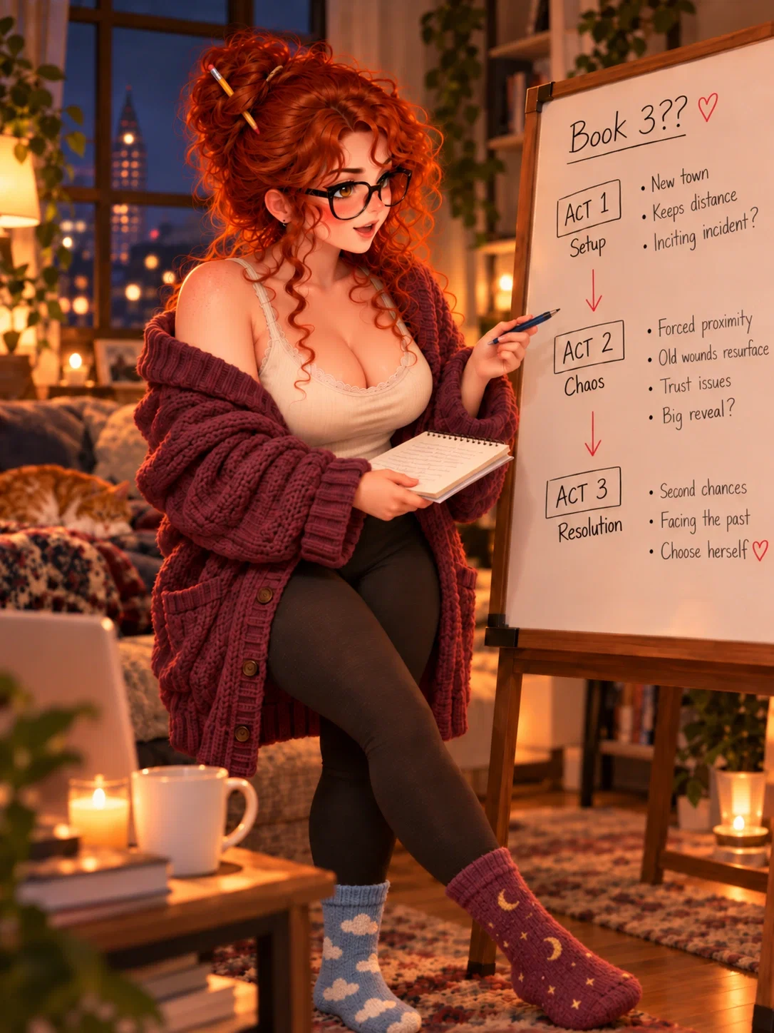 Lyra explaining a story outline