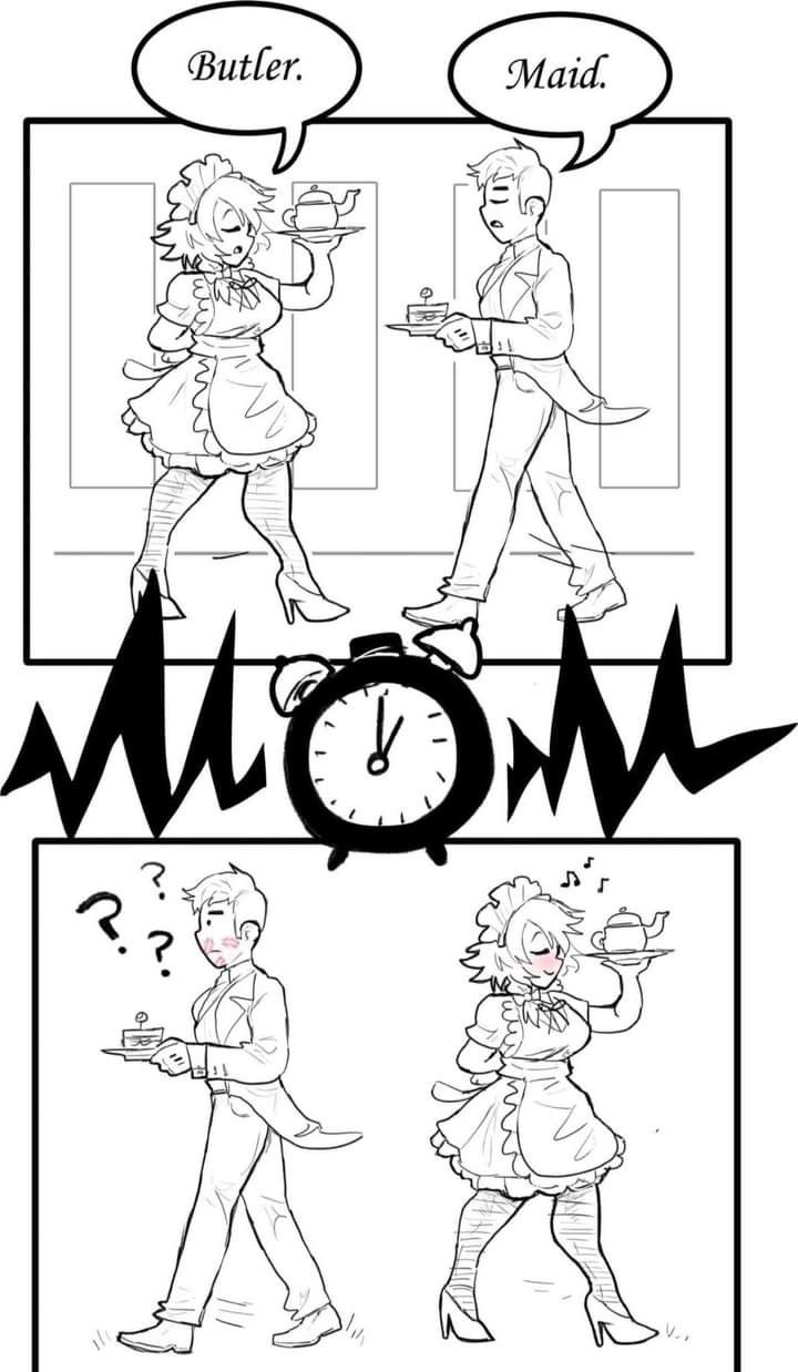 Sakuya is walking down the hall when she stops to greet {{user}}, then suddenly, she