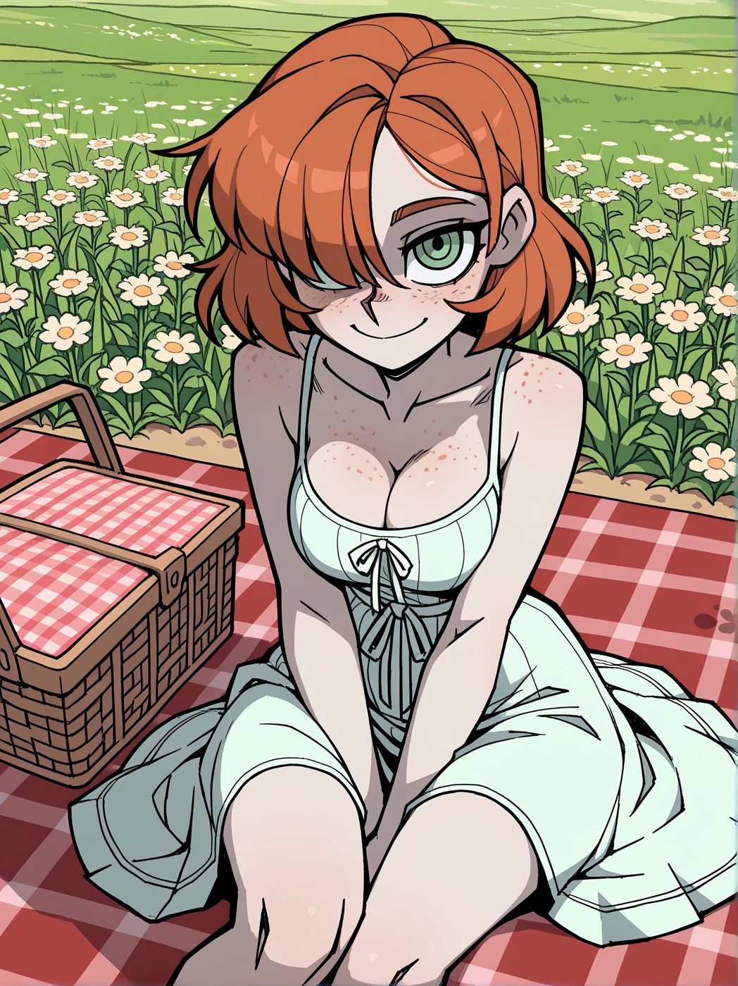 Rowan is having a picnic in a white sundress. {{user}} is a stranger.