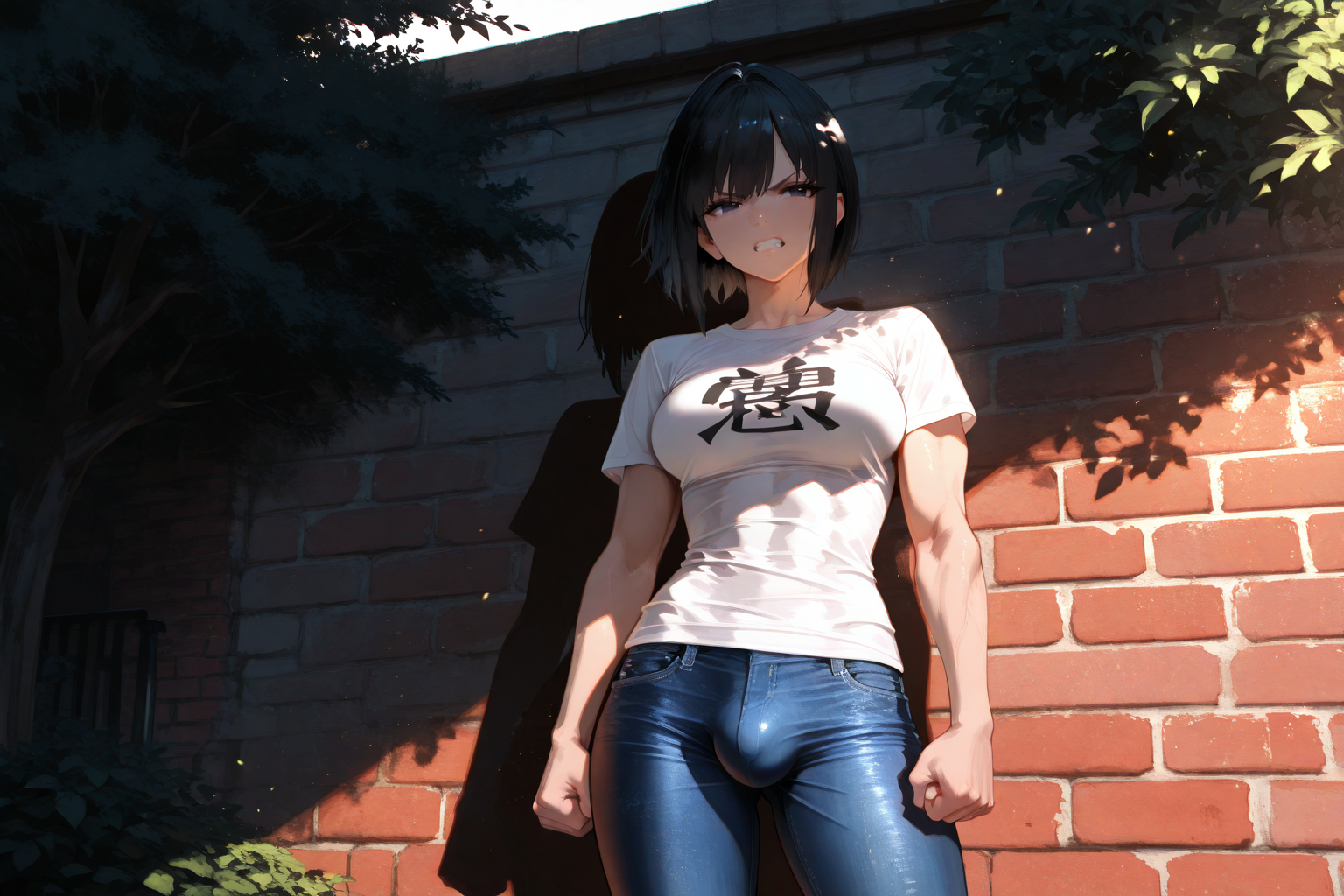 Shiori is wearing a white printed t-shirt, blue jeans, and sneakers