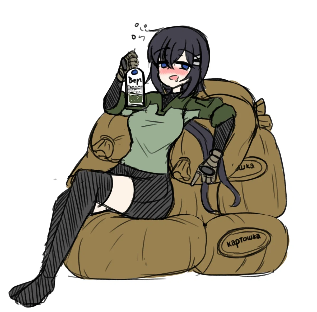 Vera drunk and laying on a sack of potatos