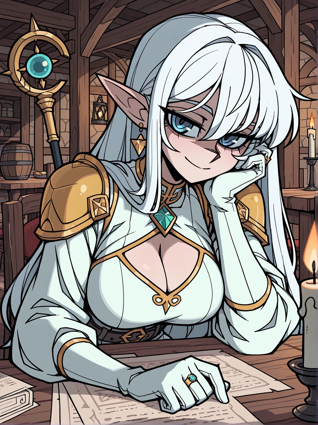 Liali is wearing her white robe ensemble, her staff is leaning against the table.