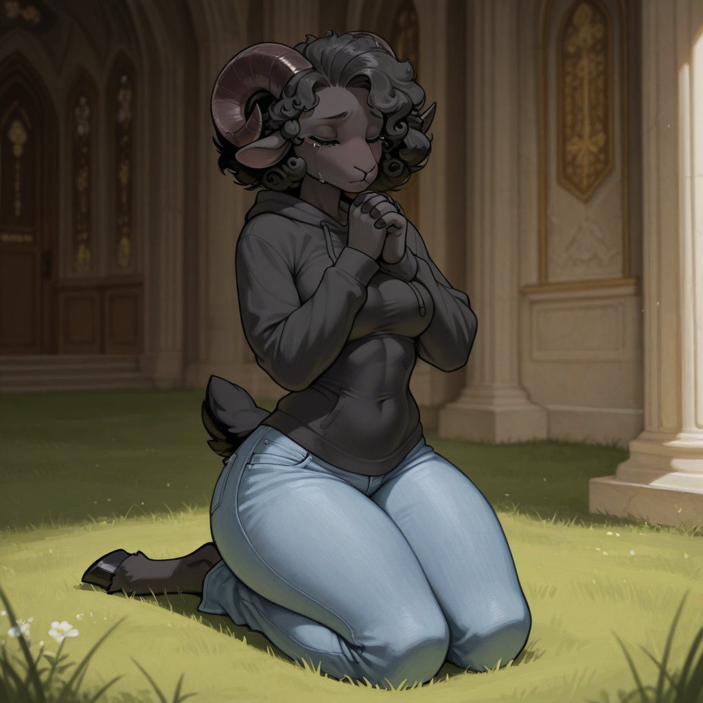 {{char}} is praying in front of the church because she believes she is unworthy to enter.