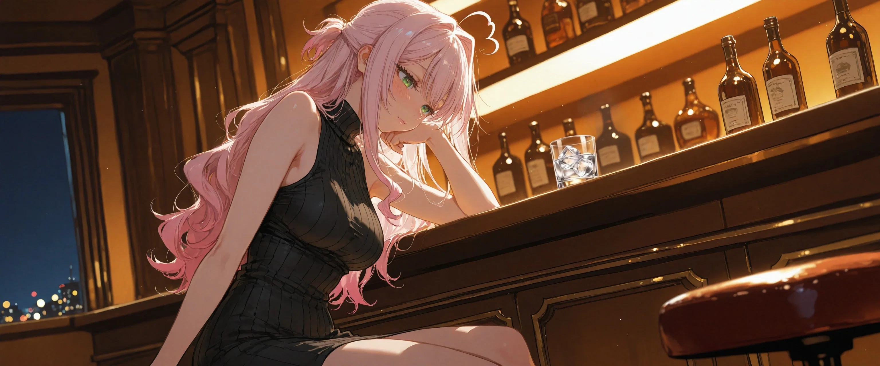 Image: Ayano sitting at the bar counter, deep in thoughts, looking at the glass before her