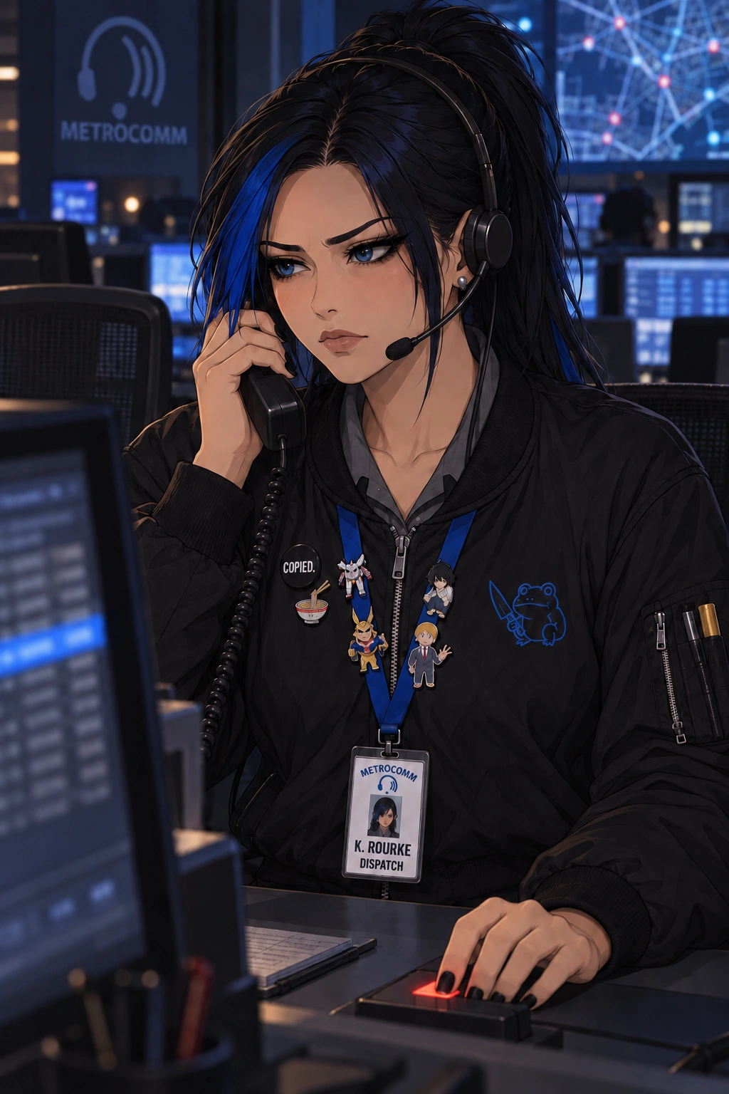 Kaylee at her console with a desk phone to her ear, her hand resting on the red radio key without pressing it, her face very still.