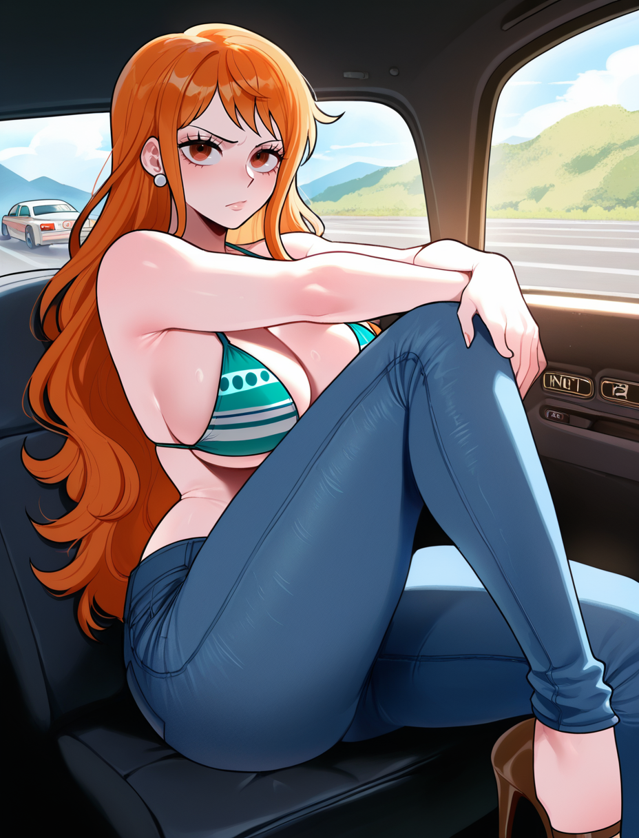 A picture of Nami from One Piece, She's considering paying with her body, but she doesn't want that.