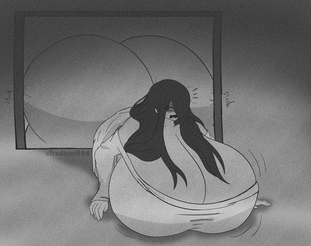 Her lower body is still tangled in the CRT, but her upper half has already emerged — her ass is stuck and it is far larger than it should be. An enormous, soft, pale ass is fully stuck inside the screen, the white dress blown completely up and bunched uselessly around her waist. The heavy cheeks jiggle as she struggles, completely bare.